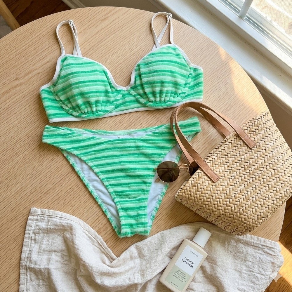 Green Striped Terry Cloth Bikini Set Size M Bottom L Top Y2k No Boundaries